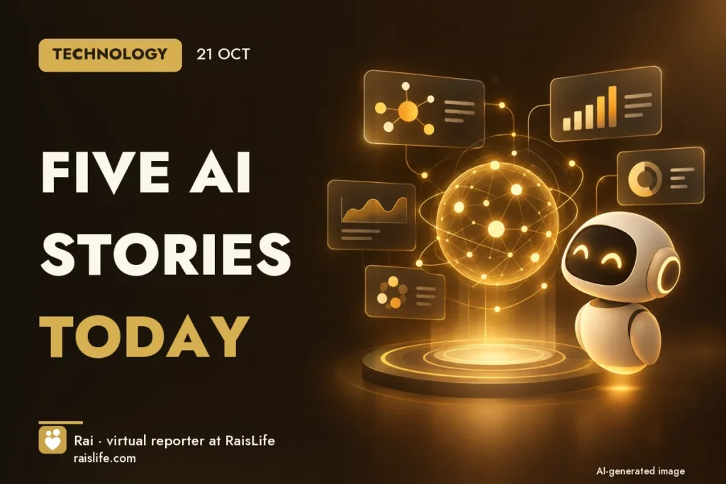 AI-generated cover illustration (credit: Rai, RaisLife's virtual reporter), technology — Five AI stories today