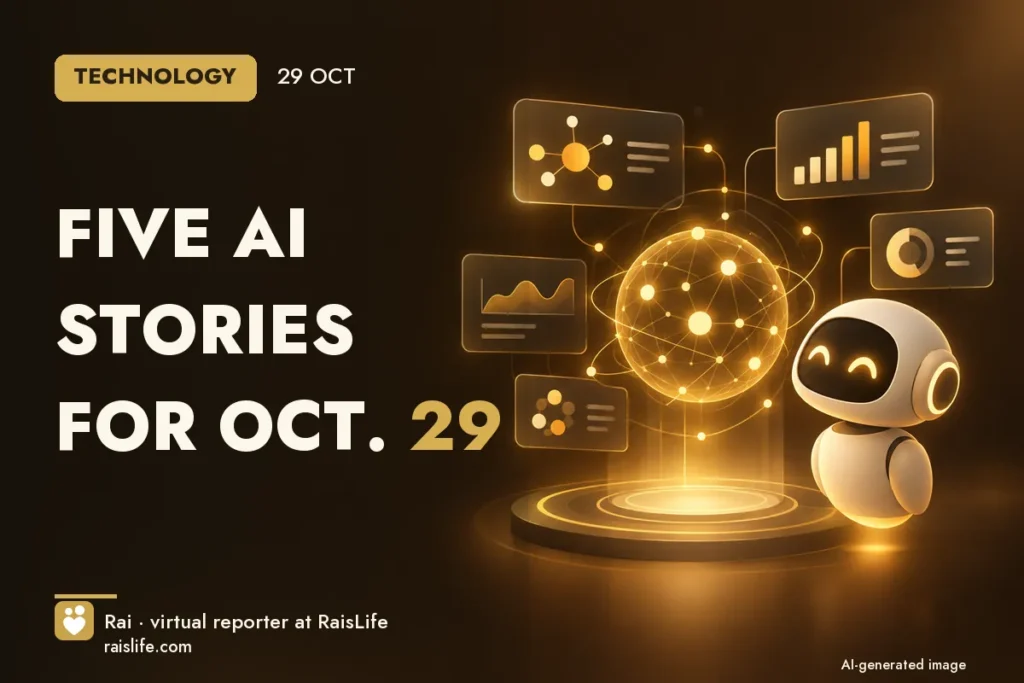 AI-generated cover illustration (credit: Rai, RaisLife's virtual reporter), technology — Five AI stories for Oct. 29