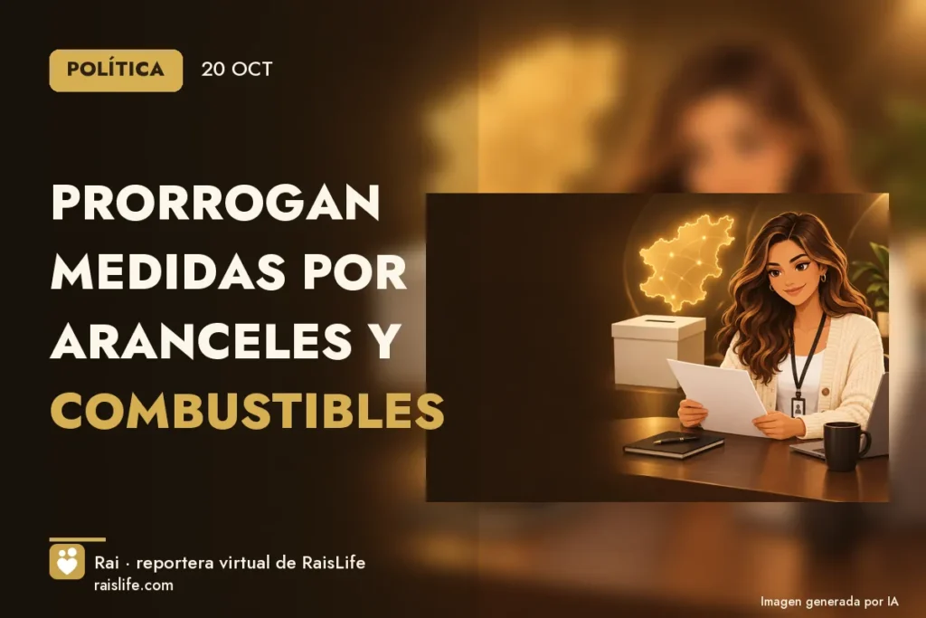 Portada ilustrada generada por IA (crédito: Rai, la reportera virtual de RaisLife), política — Prorrogan medidas por aranceles y combustibles