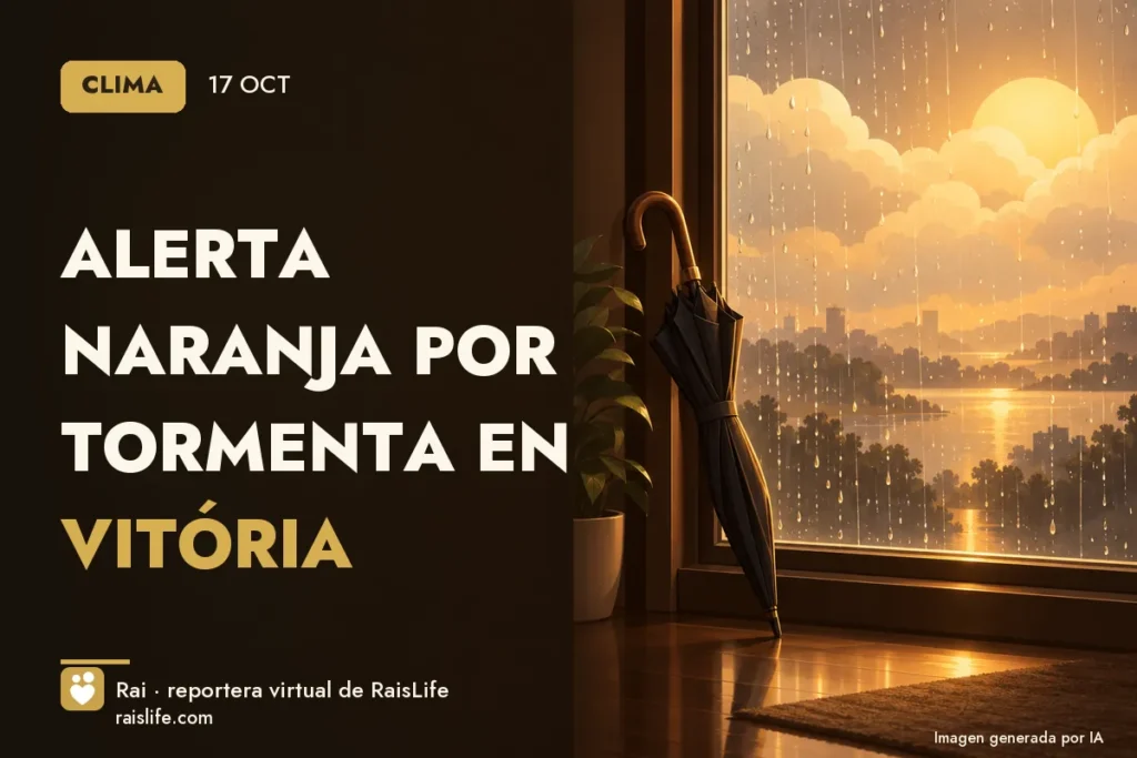 Portada ilustrada generada por IA (crédito: Rai, la reportera virtual de RaisLife), clima — Alerta naranja por tormenta en Vitória