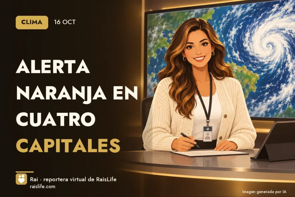Portada ilustrada generada por IA (crédito: Rai, la reportera virtual de RaisLife), clima — Alerta naranja en cuatro capitales