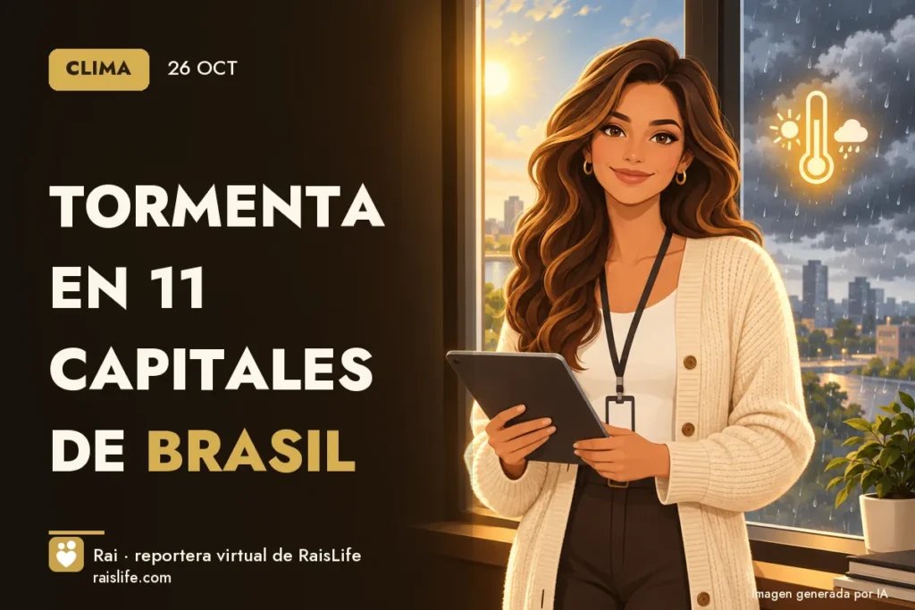 Portada ilustrada generada por IA (crédito: Rai, la reportera virtual de RaisLife), clima — Tormenta en 11 capitales de Brasil