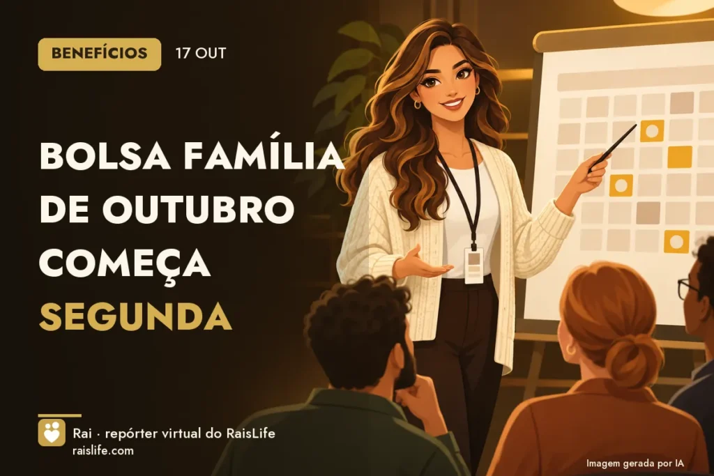 Ilustração gerada por IA: Rai, a repórter virtual do RaisLife, no tema beneficios — Bolsa Família de outubro começa segunda