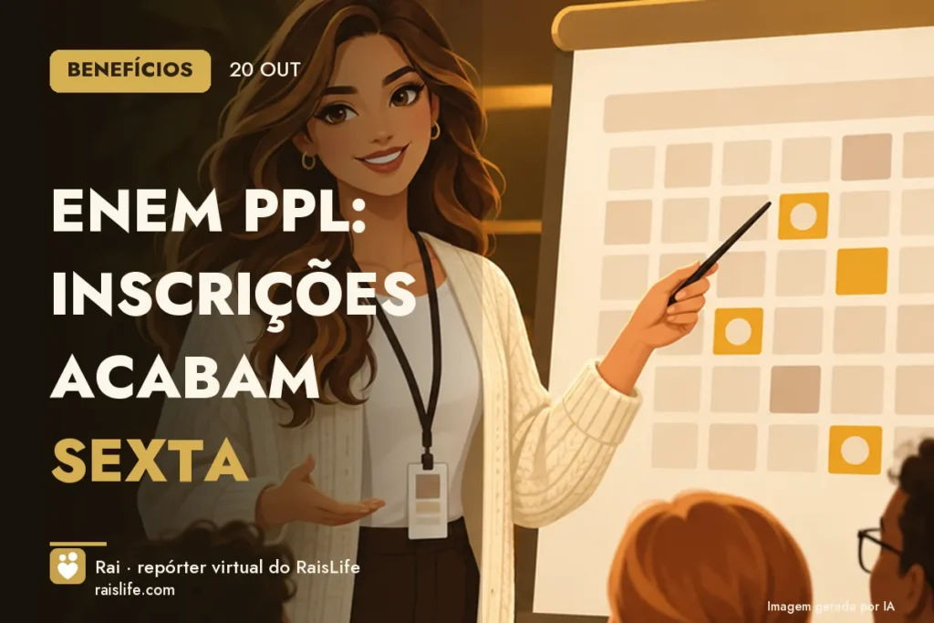 Ilustração gerada por IA: Rai, a repórter virtual do RaisLife, no tema beneficios — Enem PPL: inscrições acabam sexta