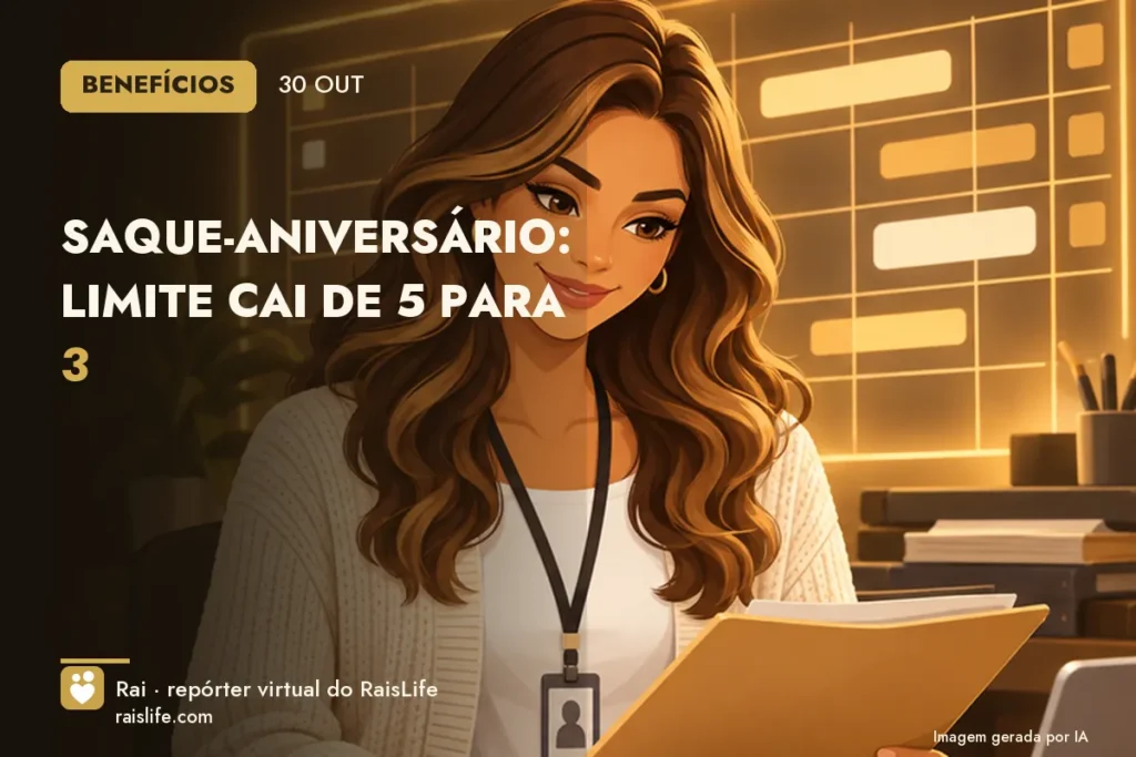 Ilustração gerada por IA: Rai, a repórter virtual do RaisLife, no tema beneficios — Saque-aniversário: limite cai de 5 para 3