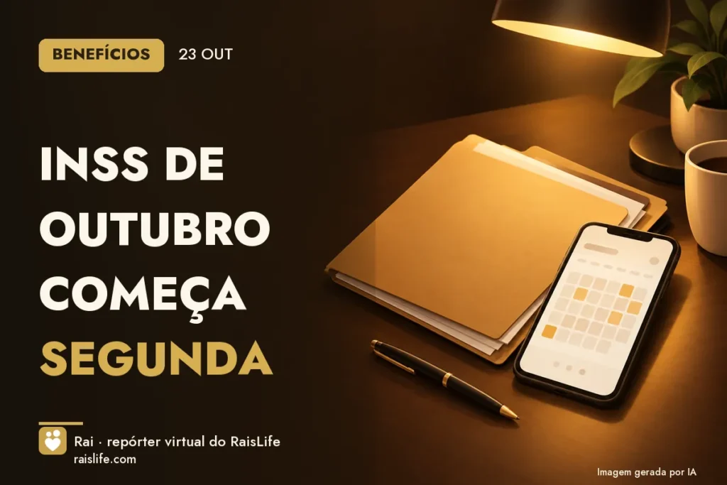 Ilustração gerada por IA: objetos do tema beneficios, sem pessoas — INSS de outubro começa segunda