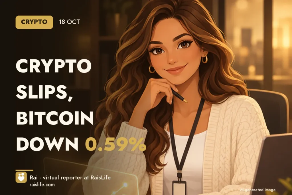 AI-generated cover illustration (credit: Rai, RaisLife's virtual reporter), cripto — Crypto slips, bitcoin down 0.59%