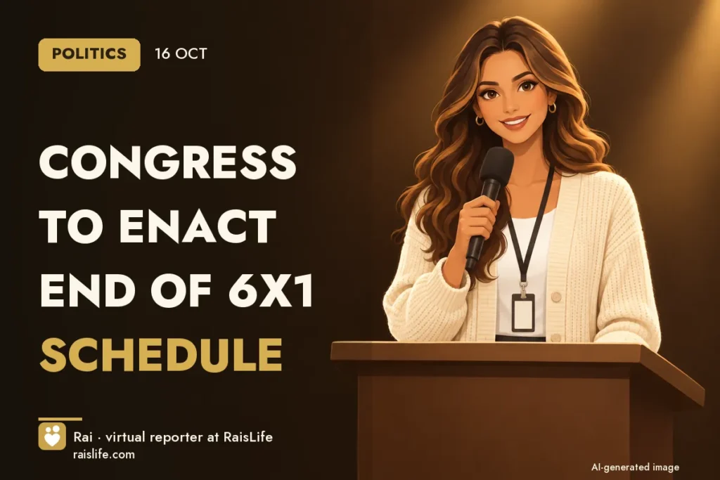 AI-generated cover illustration (credit: Rai, RaisLife's virtual reporter), politics — Congress to enact end of 6x1 schedule