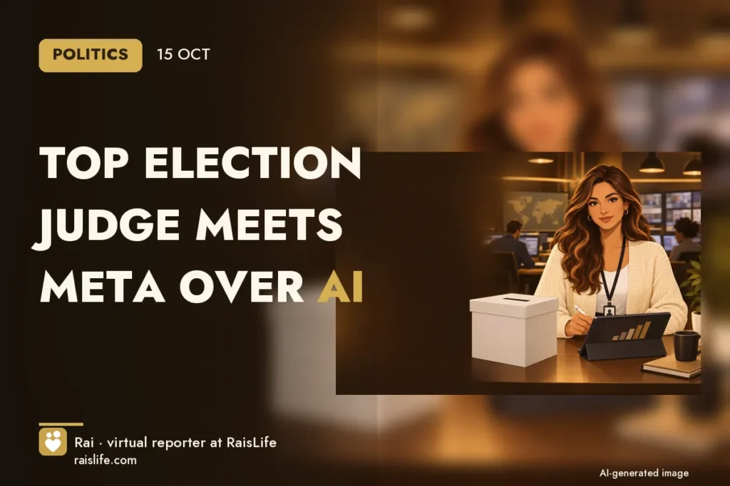 AI-generated cover illustration (credit: Rai, RaisLife's virtual reporter), politics — Top election judge meets Meta over AI