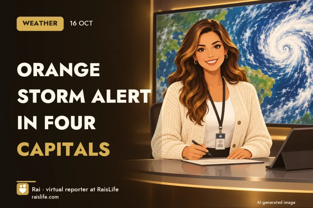 AI-generated cover illustration (credit: Rai, RaisLife's virtual reporter), clima — Orange storm alert in four capitals