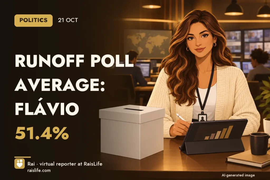 AI-generated cover illustration (credit: Rai, RaisLife's virtual reporter), politics — Runoff poll average: Flávio 51.4%
