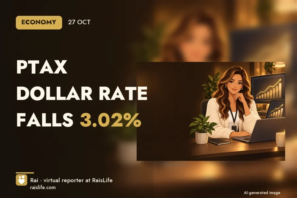 AI-generated cover illustration (credit: Rai, RaisLife's virtual reporter), economy — PTAX dollar rate falls 3.02%