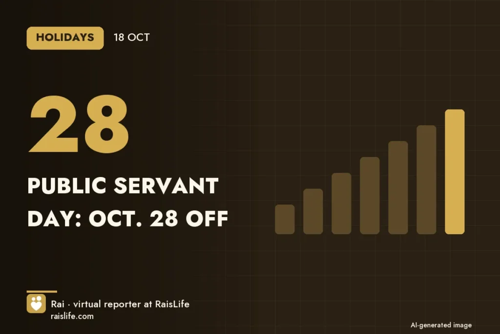 AI-generated cover illustration (credit: Rai, RaisLife's virtual reporter), feriados — Public Servant Day: Oct. 28 off