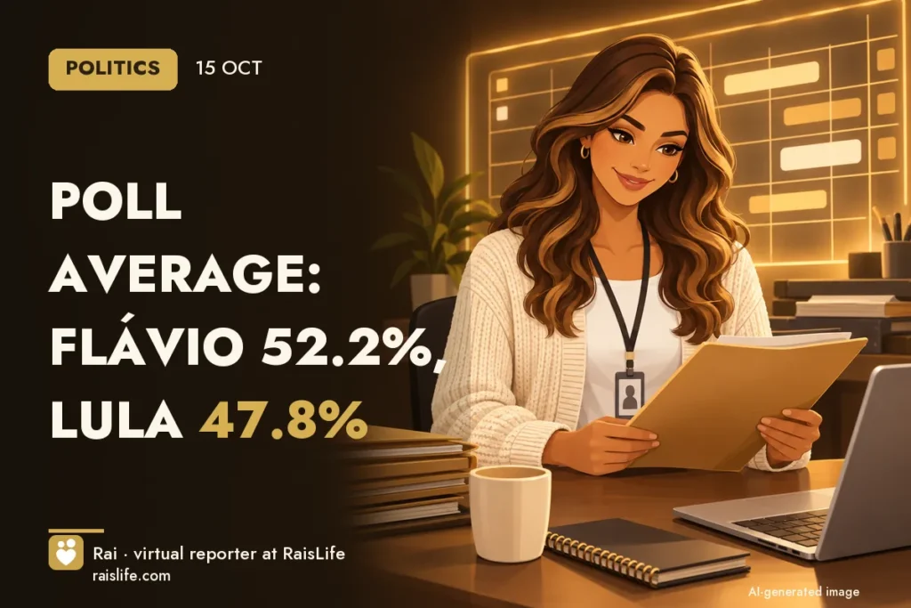 AI-generated illustration: Rai, RaisLife's virtual reporter, on the politica beat — Poll average: Flávio 52.2%, Lula 47.8%