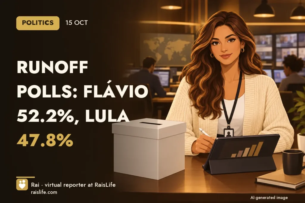 AI-generated illustration: Rai, RaisLife's virtual reporter, on the politics beat — Runoff polls: Flávio 52.2%, Lula 47.8%