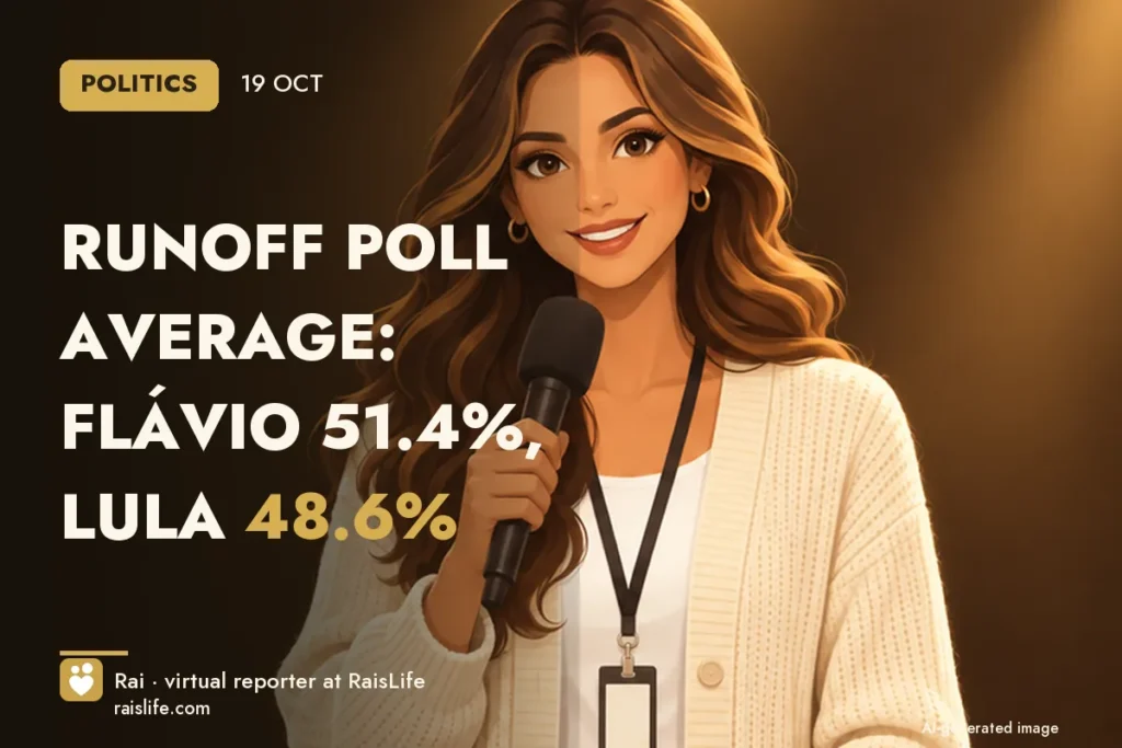 AI-generated cover illustration (credit: Rai, RaisLife's virtual reporter), politics — Runoff poll average: Flávio 51.4%, Lula 48.6%