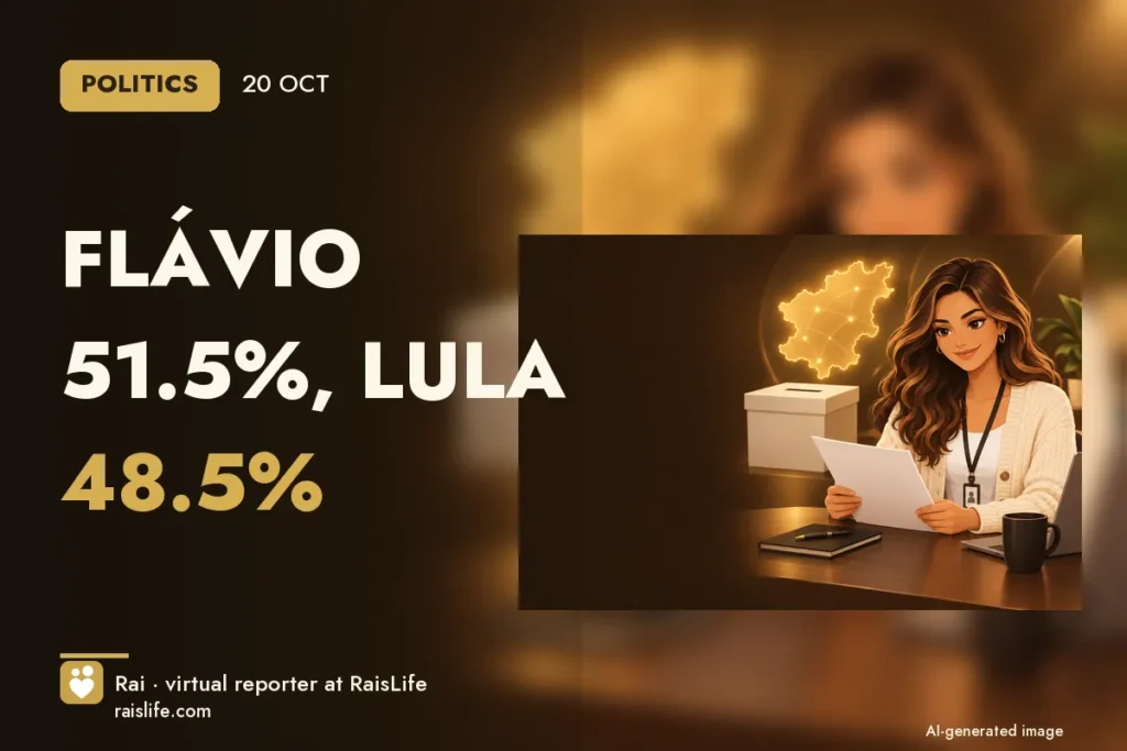 AI-generated cover illustration (credit: Rai, RaisLife's virtual reporter), politics — Flávio 51.5%, Lula 48.5%