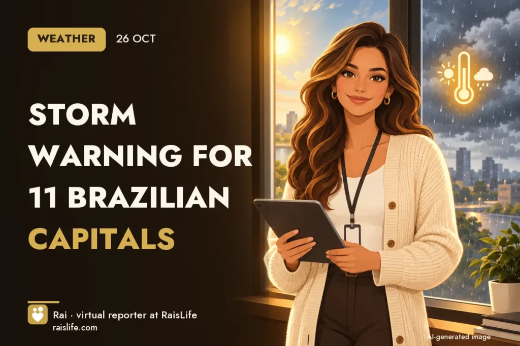 AI-generated cover illustration (credit: Rai, RaisLife's virtual reporter), clima — Storm warning for 11 Brazilian capitals