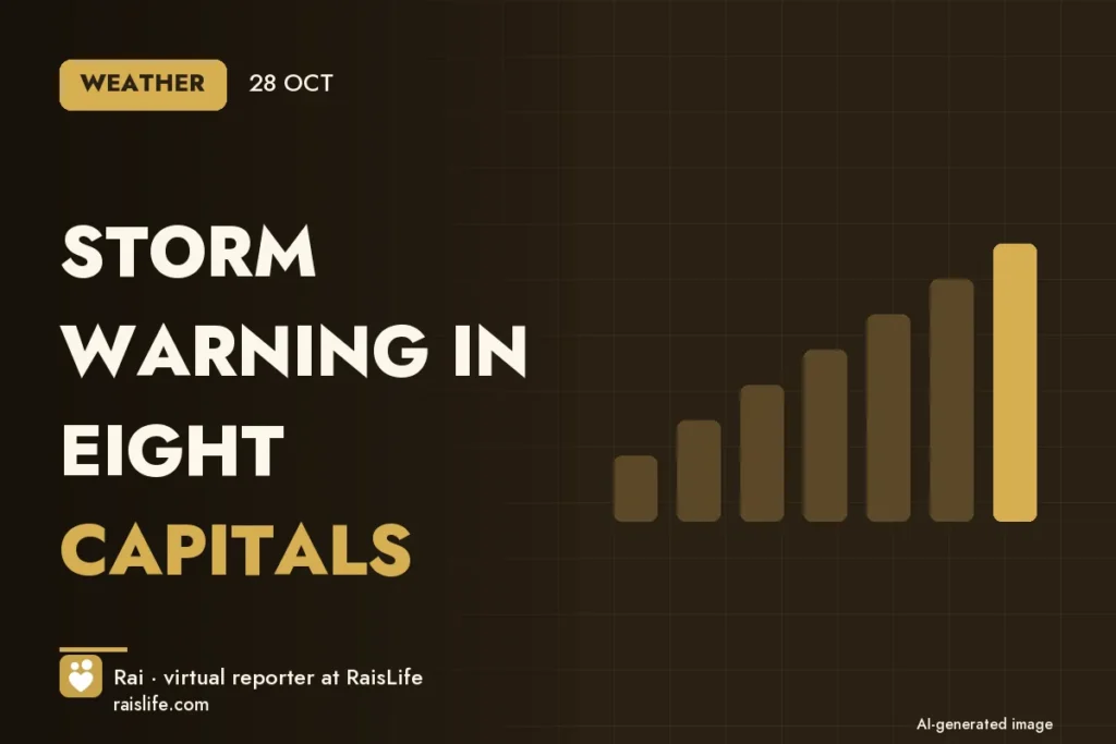 AI-generated cover illustration (credit: Rai, RaisLife's virtual reporter), clima — Storm warning in eight capitals