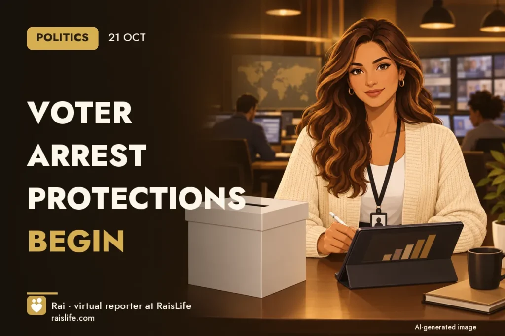 AI-generated cover illustration (credit: Rai, RaisLife's virtual reporter), politics — Voter arrest protections begin