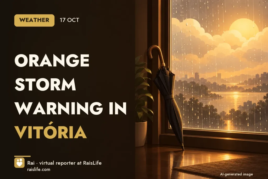 AI-generated cover illustration (credit: Rai, RaisLife's virtual reporter), clima — Orange storm warning in Vitória