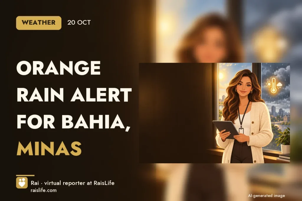 AI-generated cover illustration (credit: Rai, RaisLife's virtual reporter), clima — Orange rain alert for Bahia, Minas