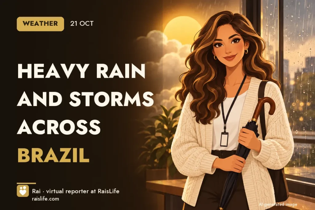 AI-generated cover illustration (credit: Rai, RaisLife's virtual reporter), clima — Heavy rain and storms across Brazil