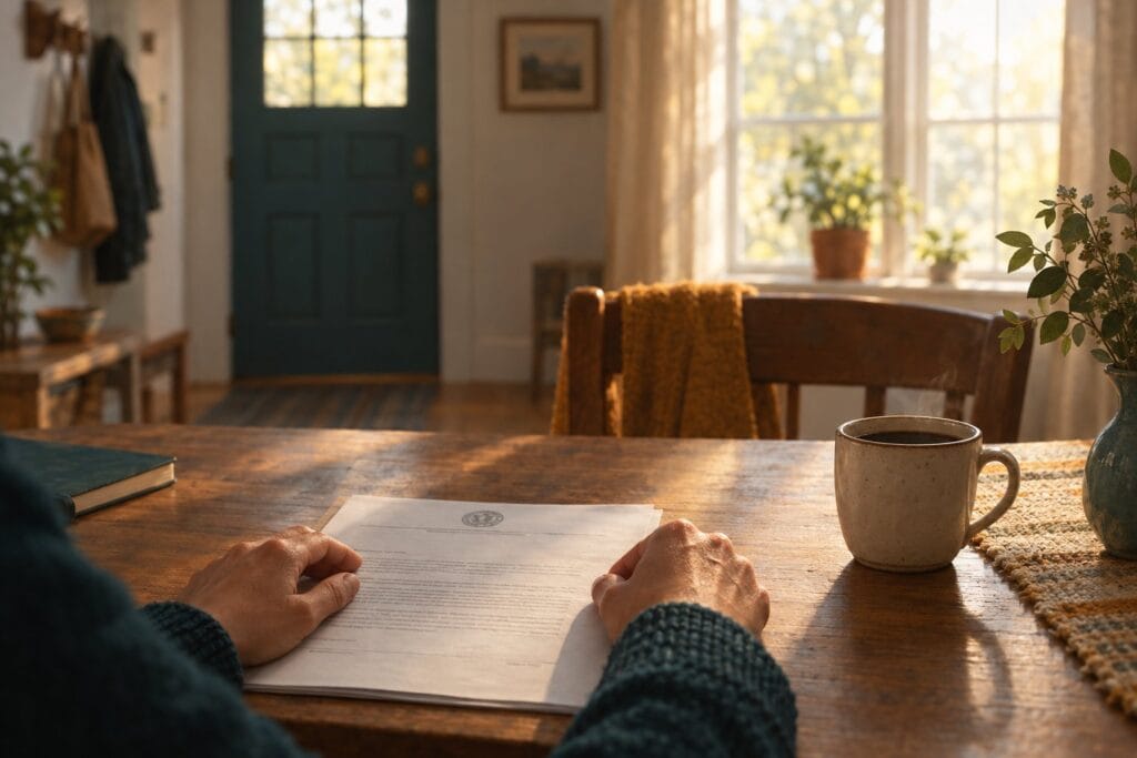 Imagem ilustrativa: Mãos sobre um documento oficial na mesa da cozinha, com uma xícara de café