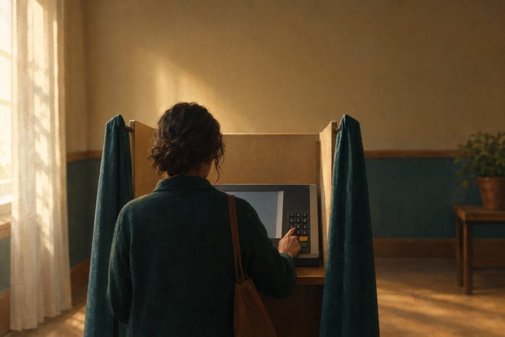 Imagem ilustrativa: Eleitor visto de costas dentro de uma cabine de votação, com a mão no teclado da urna