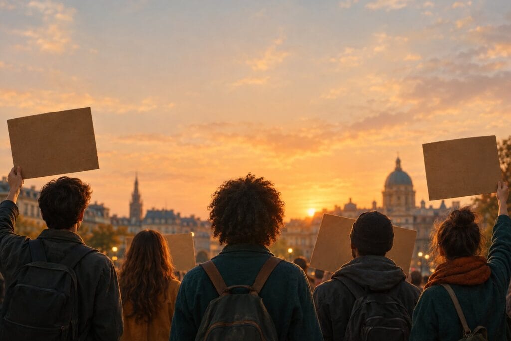 Imagem ilustrativa: Jovens vistos de costas numa praça ao entardecer, segurando cartazes em branco