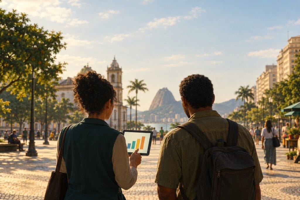 Imagem ilustrativa: Pesquisador de rua com um tablet conversando com um morador numa praça, vistos de costas