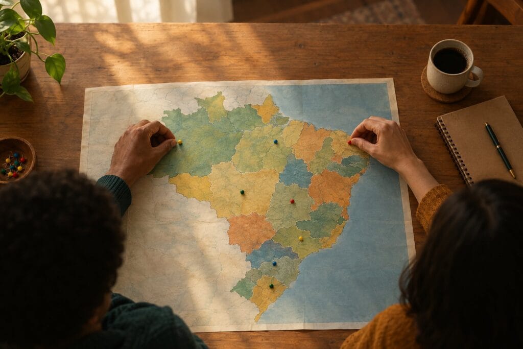 Imagem ilustrativa: Mapa do Brasil sobre uma mesa, com mãos colocando marcadores nos estados