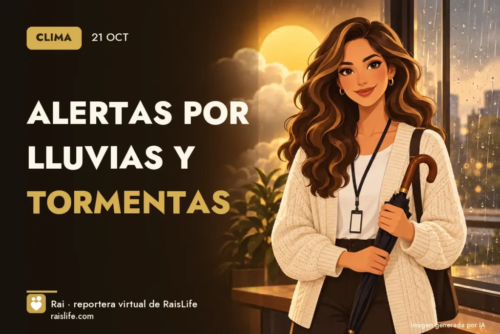 Portada ilustrada generada por IA (crédito: Rai, la reportera virtual de RaisLife), clima — Alertas por lluvias y tormentas