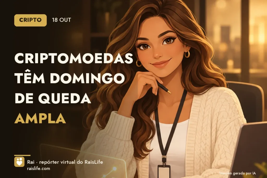 Ilustração gerada por IA: Rai, a repórter virtual do RaisLife, no tema cripto — Criptomoedas têm domingo de queda ampla