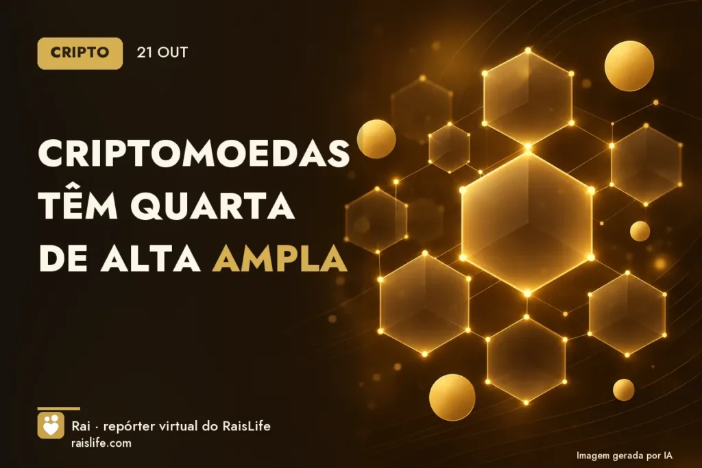 Ilustração gerada por IA: objetos do tema cripto, sem pessoas — Criptomoedas têm quarta de alta ampla