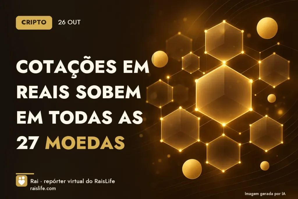 Ilustração gerada por IA: objetos do tema cripto, sem pessoas — Cotações em reais sobem em todas as 27 moedas