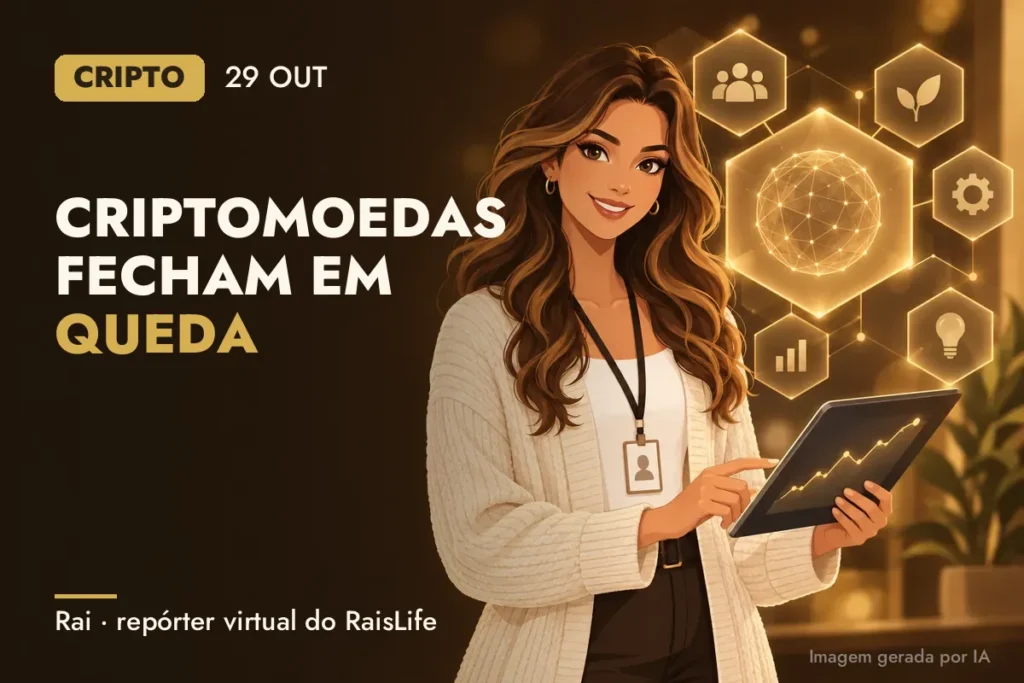 Ilustração gerada por IA: Rai, a repórter virtual do RaisLife, no tema cripto — Criptomoedas fecham em queda