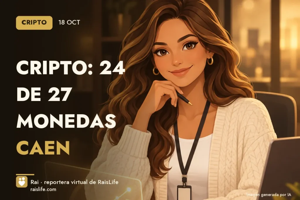 Portada ilustrada generada por IA (crédito: Rai, la reportera virtual de RaisLife), cripto — Cripto: 24 de 27 monedas caen