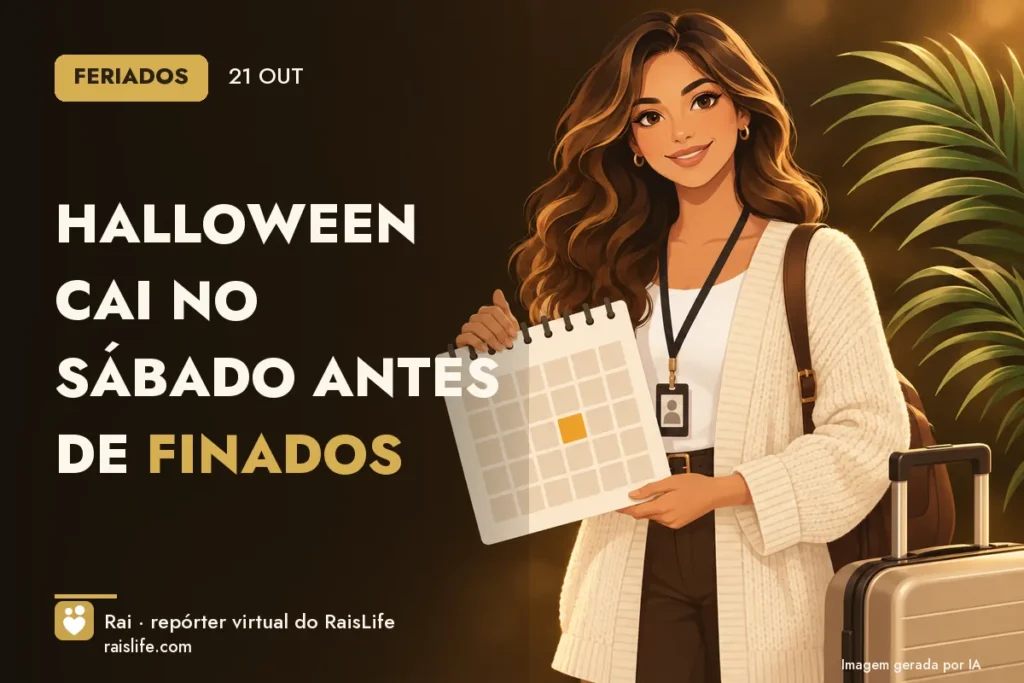 Ilustração gerada por IA: Rai, a repórter virtual do RaisLife, no tema feriados — Halloween cai no sábado antes de Finados