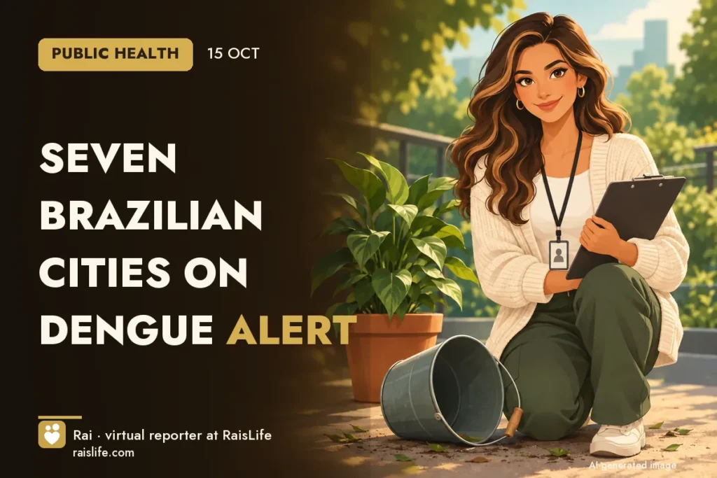 AI-generated illustration: Rai, RaisLife's virtual reporter, on the dengue beat — Seven Brazilian cities on dengue alert