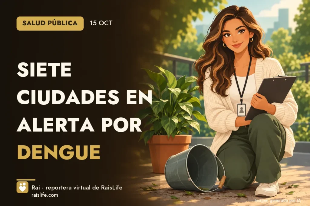 Ilustración generada por IA: Rai, la reportera virtual de RaisLife, en el tema dengue — Siete ciudades en alerta por dengue