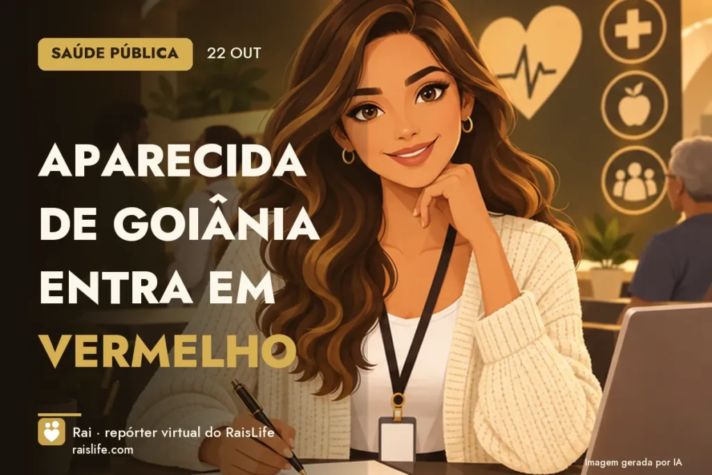 Ilustração gerada por IA: Rai, a repórter virtual do RaisLife, no tema dengue — Aparecida de Goiânia entra em vermelho