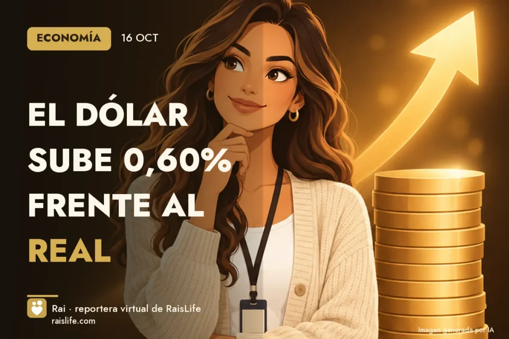 Portada ilustrada generada por IA (crédito: Rai, la reportera virtual de RaisLife), economía — El dólar sube 0,60% frente al real