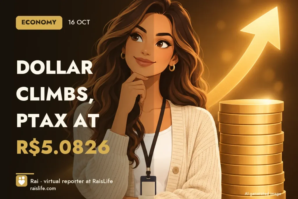 AI-generated cover illustration (credit: Rai, RaisLife's virtual reporter), economy — Dollar climbs, PTAX at R.0826