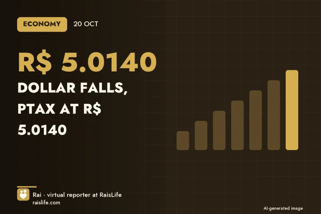 AI-generated cover illustration (credit: Rai, RaisLife's virtual reporter), economy — Dollar falls, PTAX at R$ 5.0140