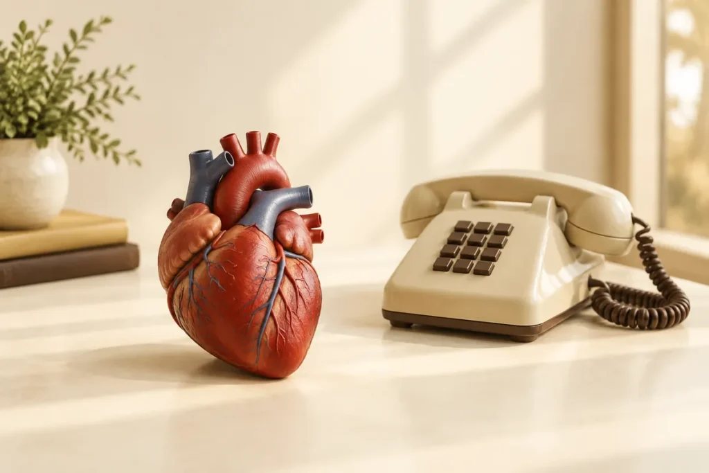 Modelo de coração ao lado de um telefone