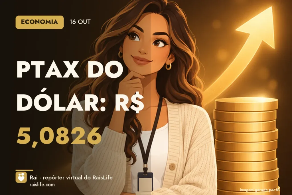 Ilustração gerada por IA: Rai, a repórter virtual do RaisLife, no tema economia — PTAX do dólar: R$ 5,0826