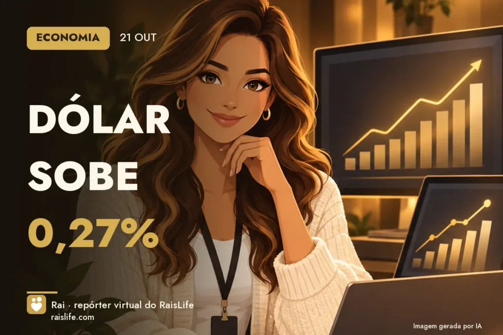 Ilustração gerada por IA: Rai, a repórter virtual do RaisLife, no tema economia — Dólar sobe 0,27%