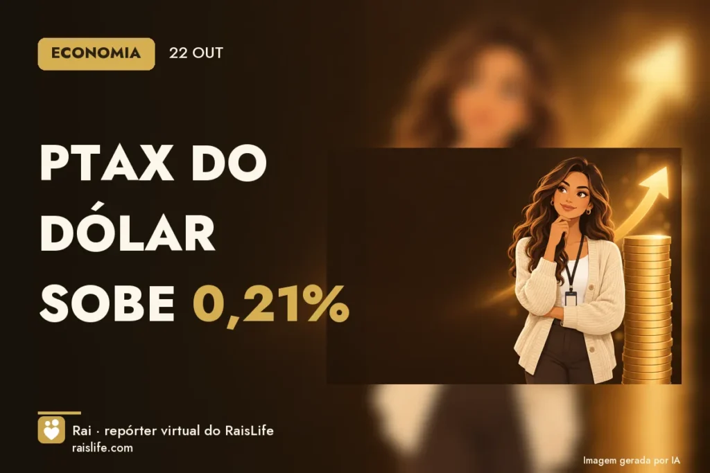 Ilustração gerada por IA: Rai, a repórter virtual do RaisLife, no tema economia — PTAX do dólar sobe 0,21%