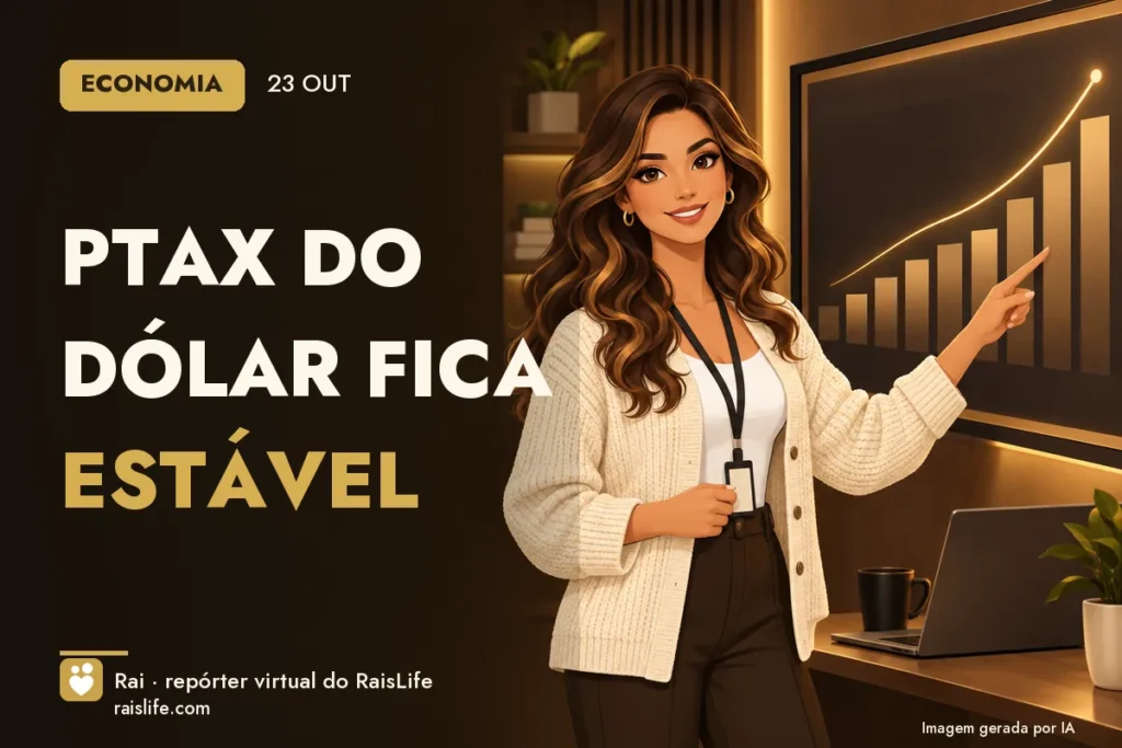 Ilustração gerada por IA: Rai, a repórter virtual do RaisLife, no tema economia — PTAX do dólar fica estável